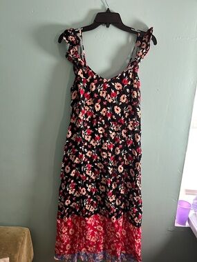 Express Black Floral Top with Red and Peach Blossoms